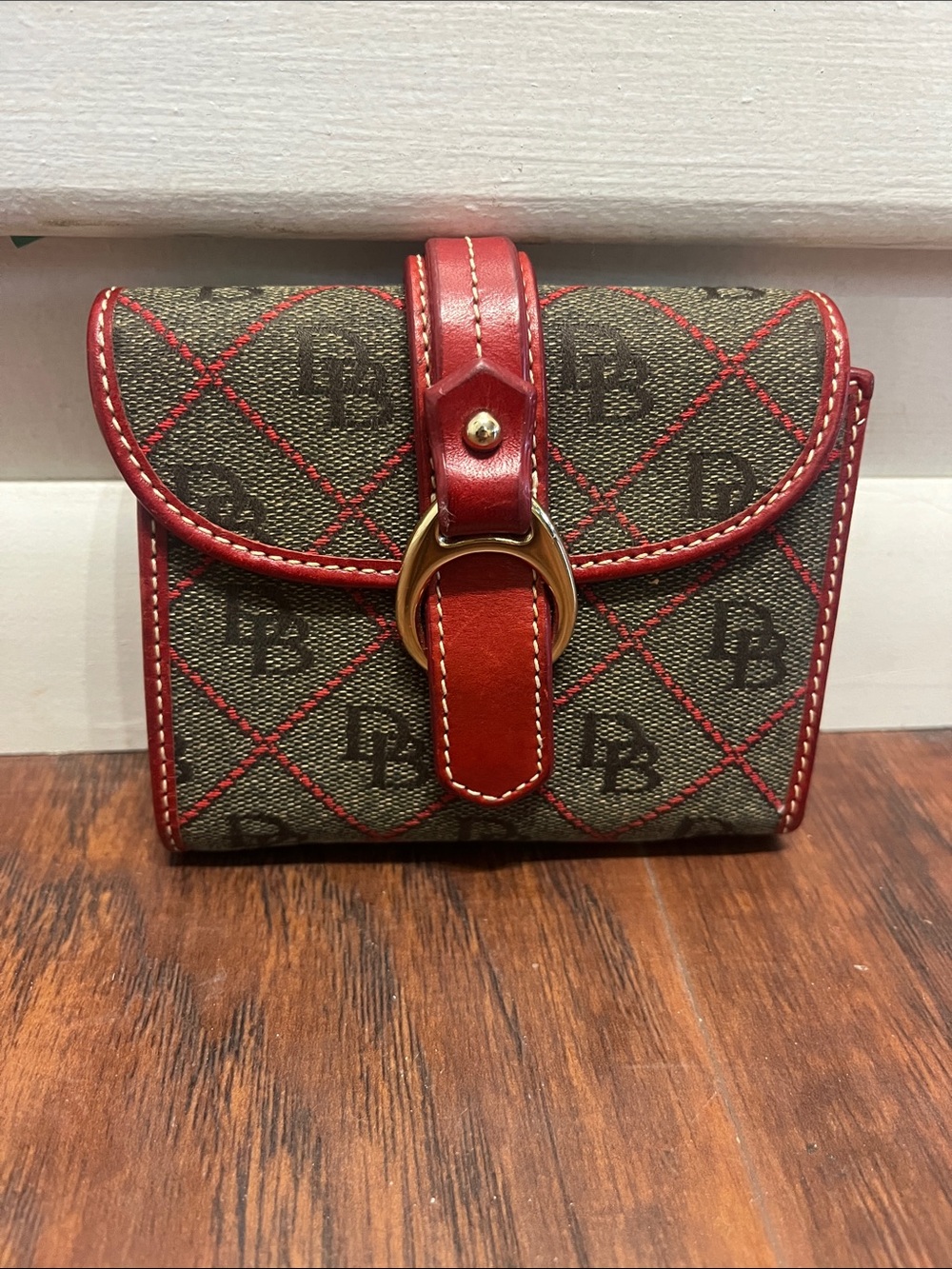 Dooney & Bourke Brown Canvas Wallet with Red Leather Trim